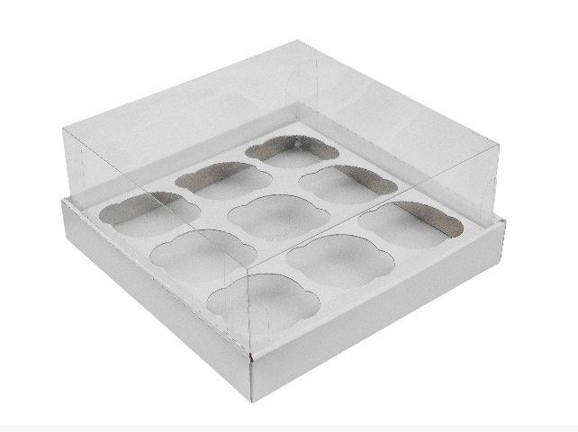 Коробка для капкейков на 9 шт с прозрачной пластиковой крышкой. Р-р 240*240*110, серия "Fupeco GlassTopCupcakeBox" Премиум, бел/бел
