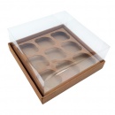 Коробка для капкейков на 9 шт с прозрачной пластиковой крышкой. Р-р 240*240*110, серия "Fupeco GlassTopCupcakeBox", бур/бур