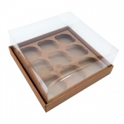 Коробка для капкейков на 9 шт с прозрачной пластиковой крышкой. Р-р 240*240*110, серия "Fupeco GlassTopCupcakeBox" Премиум, бур/бур