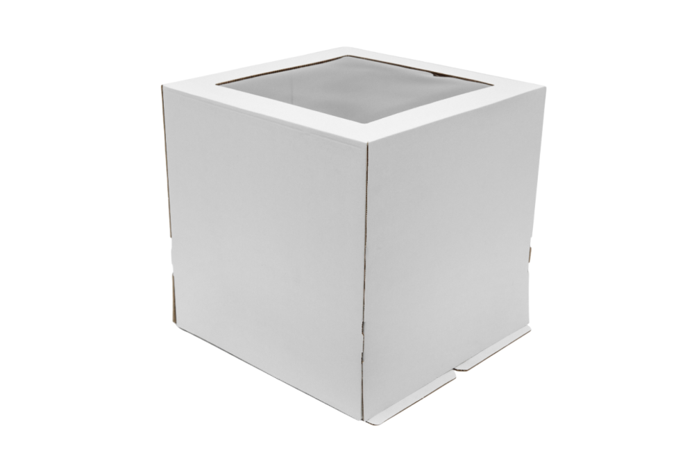 Гофрированная коробка для торта c прозрачным окном на крышке серии "Fupeco WinCakeBox" Стандарт 300*300*300 от 1 до 4кг бел/бур (Д 15-29см)