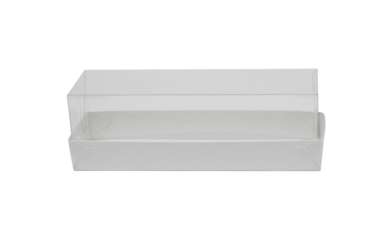 Коробка для макарун с прозрачной пластиковой крышкой, на 6шт,  Серия "Fupeco GlassTopMacCase" Премиум, бел/бел. Размер 185*60*60 мм.