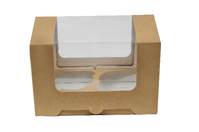 Коробка для капкейков на 2 шт. с круговым окном, серия "Fupeco RWinCupcakeBox" Премиум из бур/бел мелованного картона. Размер 165*90*110 мм.