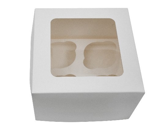 Картонная упаковка под капкейки на 4 шт., серия "Fupeco WinCupcakeBox" Стандарт с прозрачным окном, из бел/бел картона. Размер 160*160*110 мм.