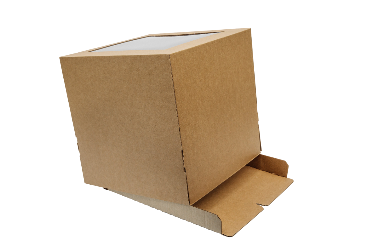 Гофрированная коробка серии "Fupeco WinCakeBox" Стандарт для торта c прозрачным окошком на крышке 300*300*300 от 1 до 4кг бур/бур (Д 15-29см)