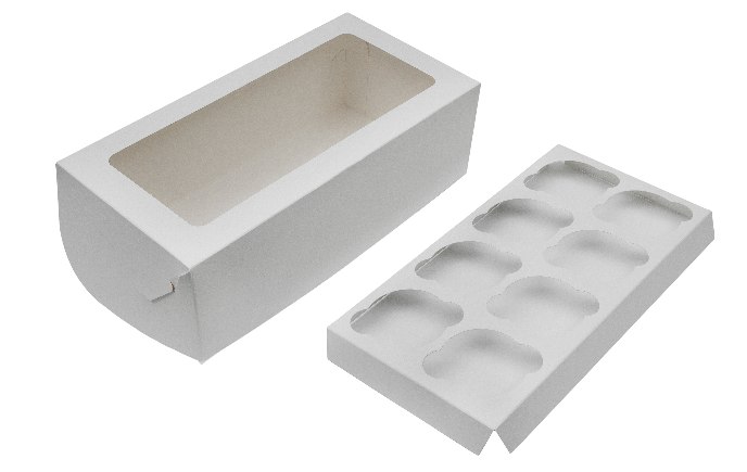 Картонная упаковка под капкейки на 8 шт., с прозрачным окном серия "Fupeco WinCupcakeBox" Стандарт из бел/бел мелованного картона. Размер 330*160*110 мм.