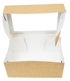 Коробка картонная серия "Fupeco WinSweetBox" самосборная для пирожных,с прозрачным окном, из бур/бел крафт картона.Размер 250*160*110 мм.