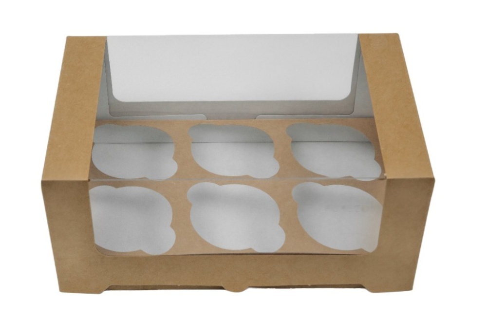 Коробка картонная серия "Fupeco WinCupcakeBox" Стандарт самосборная для капкейков на 6 шт, с прозрачным окном, из бур/бел крафт картона. Размер 250*160*110 мм.