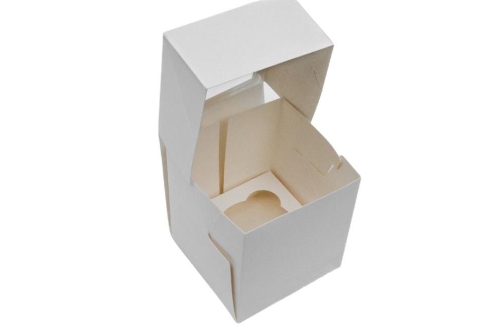 Упаковка картонная для капкейка на 1 шт. с прозрачным окном, серия "Fupeco WinCupcakeBox"  Стандарт из бел/бел мелованного картона. Размер 100*100*110 мм.