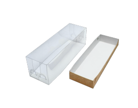 Коробка для макарун с прозрачной пластиковой крышкой, на 6 шт,  Серия "Fupeco GlassTopMacCase" Премиум, бур/бел. Размер 185*60*60 мм.