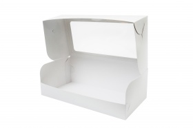 Картонная упаковка с прозрачным окном серия "Fupeco WinSweetBox" для пирожных, из бел/бел мелованного картона. Размер 330*160*110 мм.