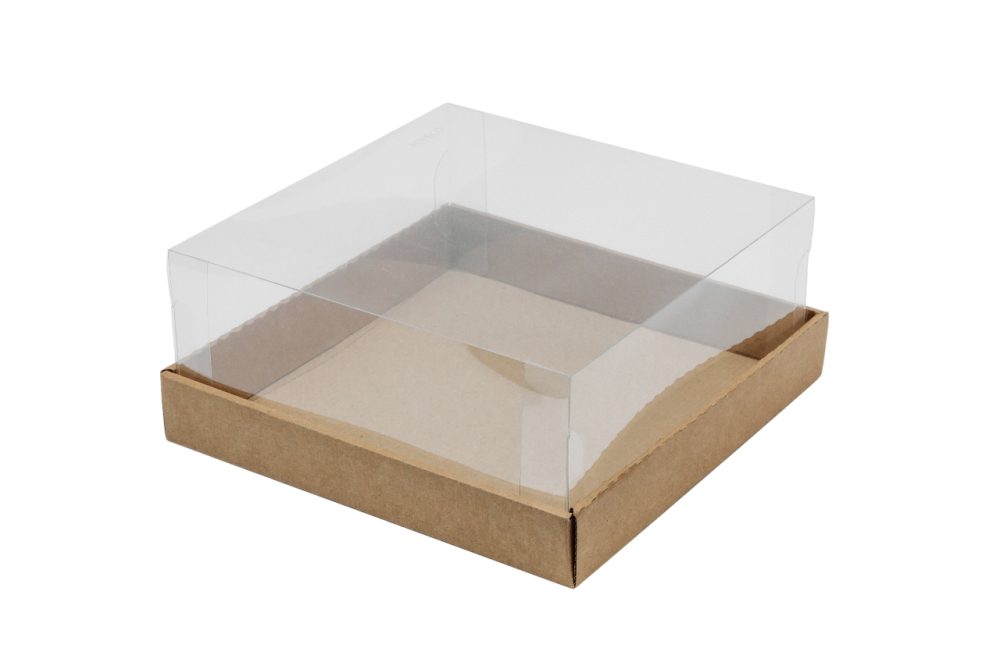 Гофрированная упаковка для подарков с пластиковой прозрачной крышкой. Серия "Fupeco LOFT". Размер 240*240*110 бур/бур