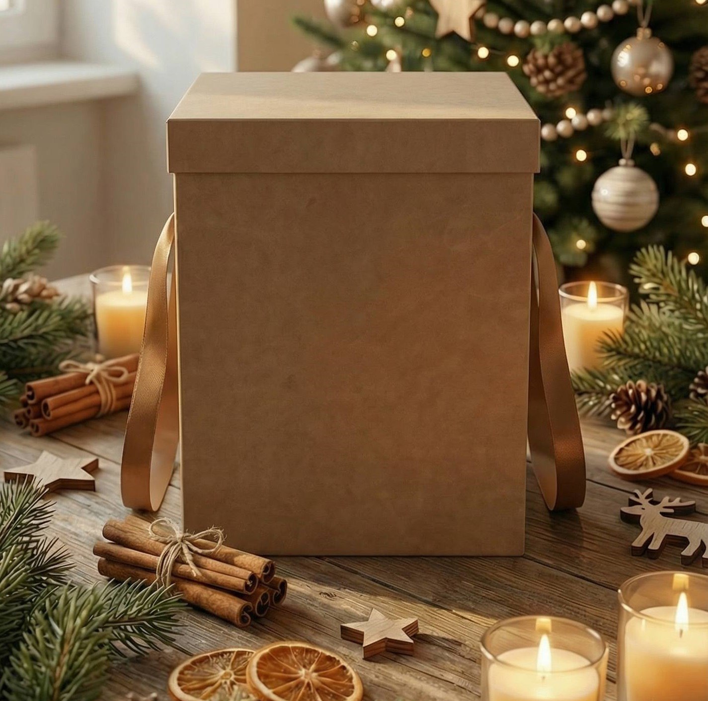 Коробка картонная для подарков. Самосборная. Крышка + дно. Декоративная р-р 230*230*325 мм. Цвет снаружи: крышка - бурый(крафт) / дно - бурый(крафт)