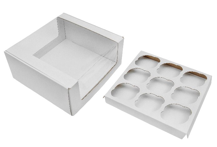 Коробка для капкейков на 9шт с круговым окном р-р 242*240*110мм серия "Fupeco RWinPack" Премиум бел/бел