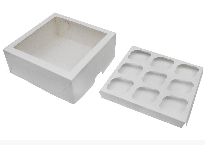 Коробка картонная серия "Fupeco WinCupcakeBox", самосборная для капкейков на 9 шт., с прозрачным окном, из бел/бел картона.Размер 250*250*100 мм.