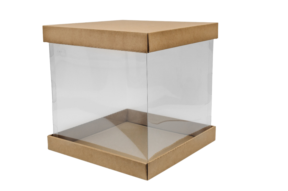 Коробка для торта до 3кг с прозрачными стенками со всех сторон. Р-р 300*300*320, серия "Fupeco RWinCakeBox" Премиум, бур/бур