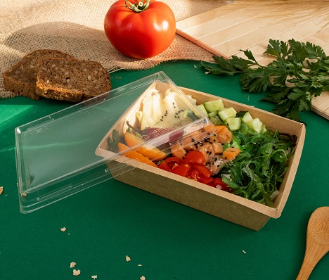 Картонная салатница с прозрачной крышкой, р-р 100*135*45 мм, 400мл, серия "Fupeco Fresh CapTray" бур/бур