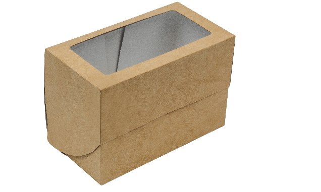 Коробка для капкейков на 2 шт. с прозрачным окном, серия "Fupeco WinCupcakeBox" Стандарт из бур/бел крафт картона. Размер 165*90*110 мм.