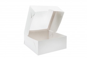 Картонная упаковка с прозрачным окном серия "Fupeco WinSweetBox" для пирожных, из бел/бел мелованного картона. Размер 250*250*100 мм.