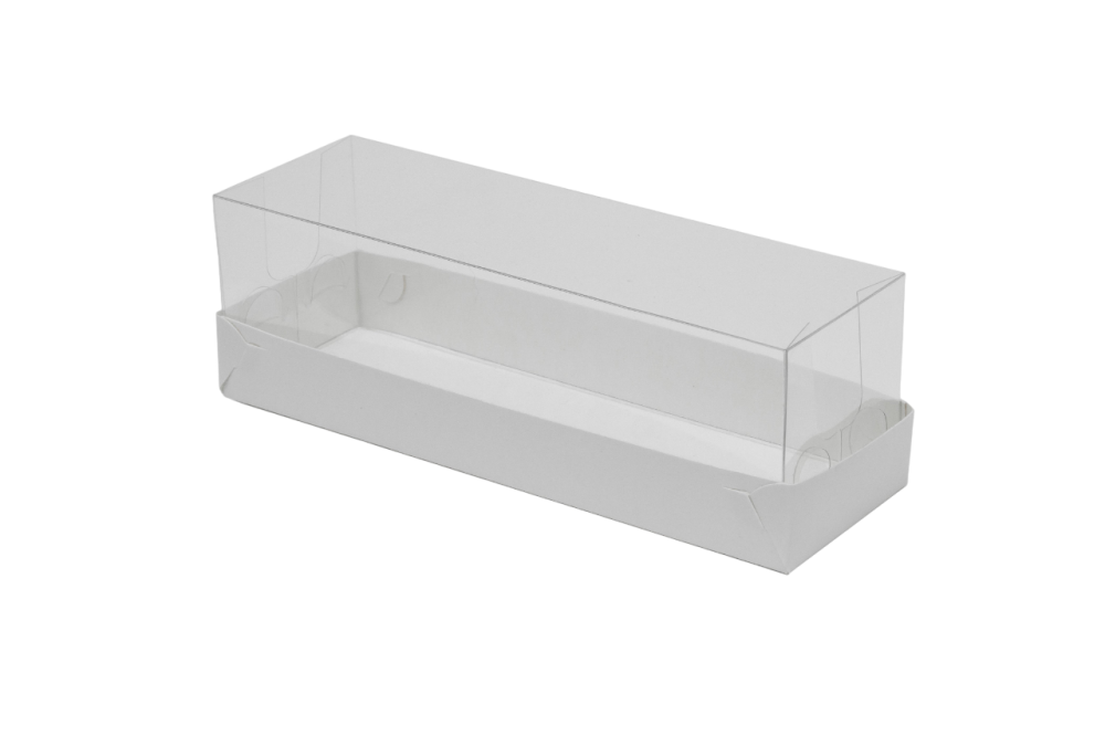 Коробка для макарун с прозрачной пластиковой крышкой, на 6шт,  Серия "Fupeco GlassTopMacCase" Премиум, бел/бел. Размер 185*60*60 мм.