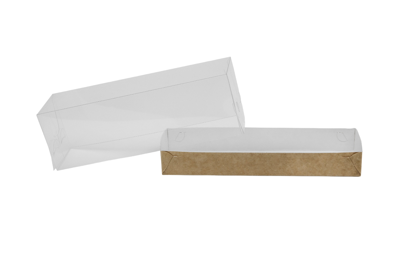 Коробка для макарун с прозрачной пластиковой крышкой, на 6шт  серии "Fupeco GlassTopMacCase" Премиум, бур/бел. Размер 185*60*60 мм.