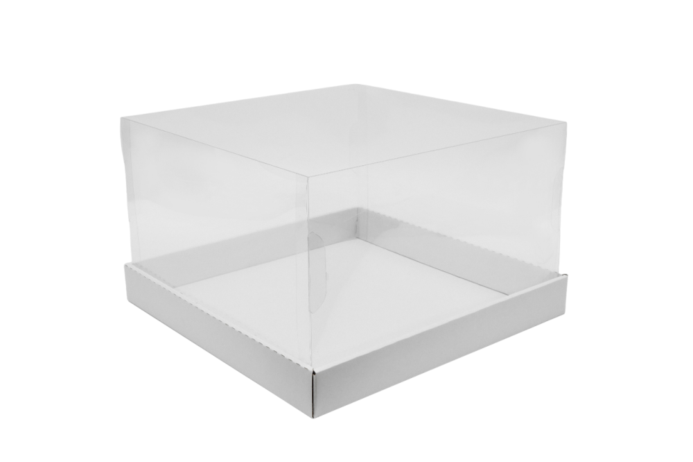 Коробка для торта до 3кг с прозрачной пластиковой крышкой Премиум. Р-р 300*300*190, серия "Fupeco GlassTopCakeBox", бел/бел