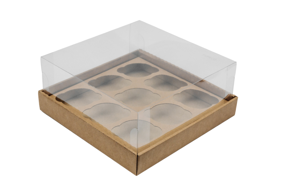 Коробка для капкейков на 9шт с пластиковой прозрачной крышкой. Р-р 240*240*110, серия "Fupeco GlassTopCupcakeBox" Премиум, бур/бур