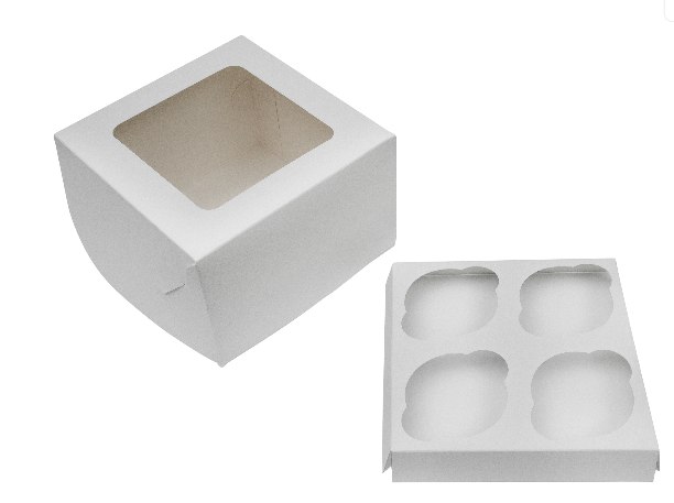 Картонная упаковка под капкейки на 4 шт., серия "Fupeco WinCupcakeBox" Стандарт с прозрачным окном, из бел/бел картона. Размер 160*160*110 мм.