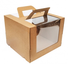 Гофрированная коробка для подарков c ручками и круговым окном 260*260*200 до 3 кг бур/бур