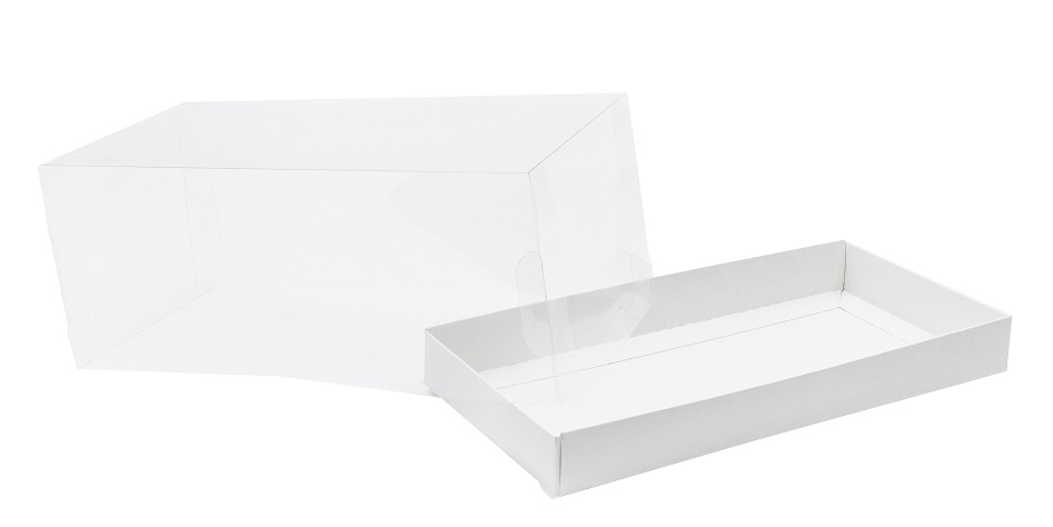 Коробка для рулета с прозрачной пластиковой крышкой. Р-р 255*120*105мм, серия "Fupeco GlassTopCakeRoll" Премиум, бел/бел