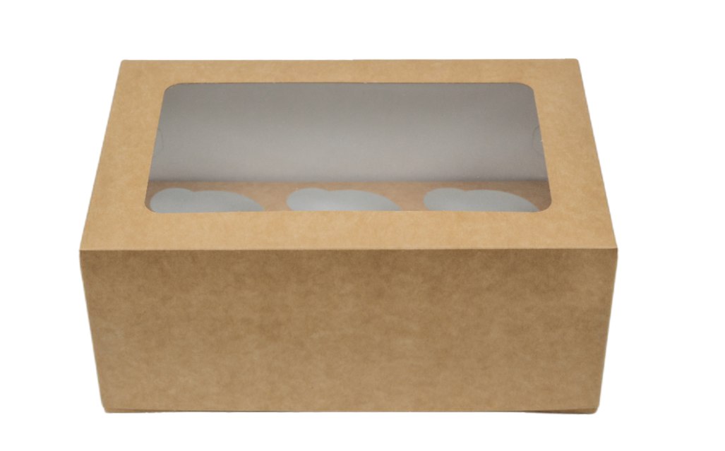 Коробка картонная серия "Fupeco WinCupcakeBox" Стандарт самосборная для капкейков на 6 шт, с прозрачным окном, из бур/бел крафт картона. Размер 250*160*110 мм.